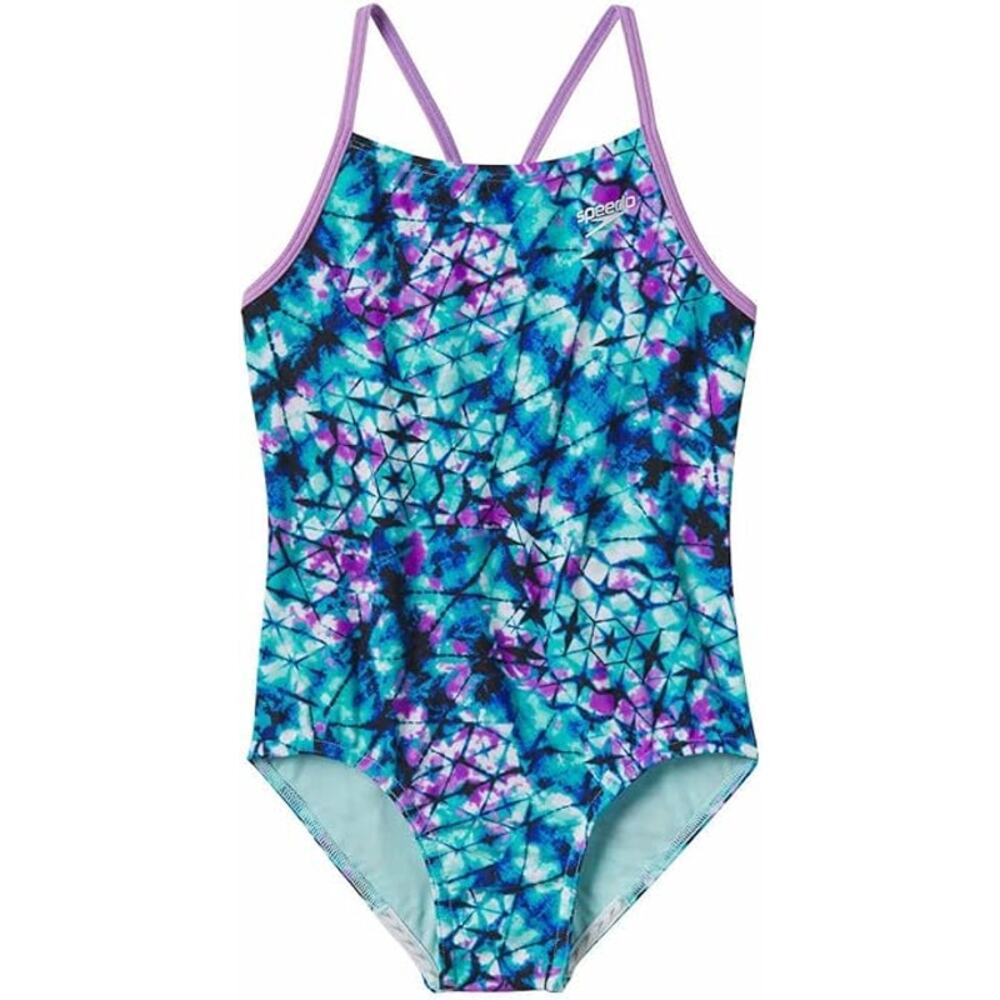 Speedo Girls Thin Strap One Piece Swimsuit (Medium, Regular, Deep Aqua/Purple)